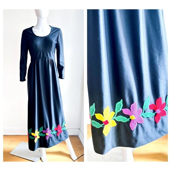 Vintage Black Embroidered Floral Maxi Dress S - Picture 1 of 9